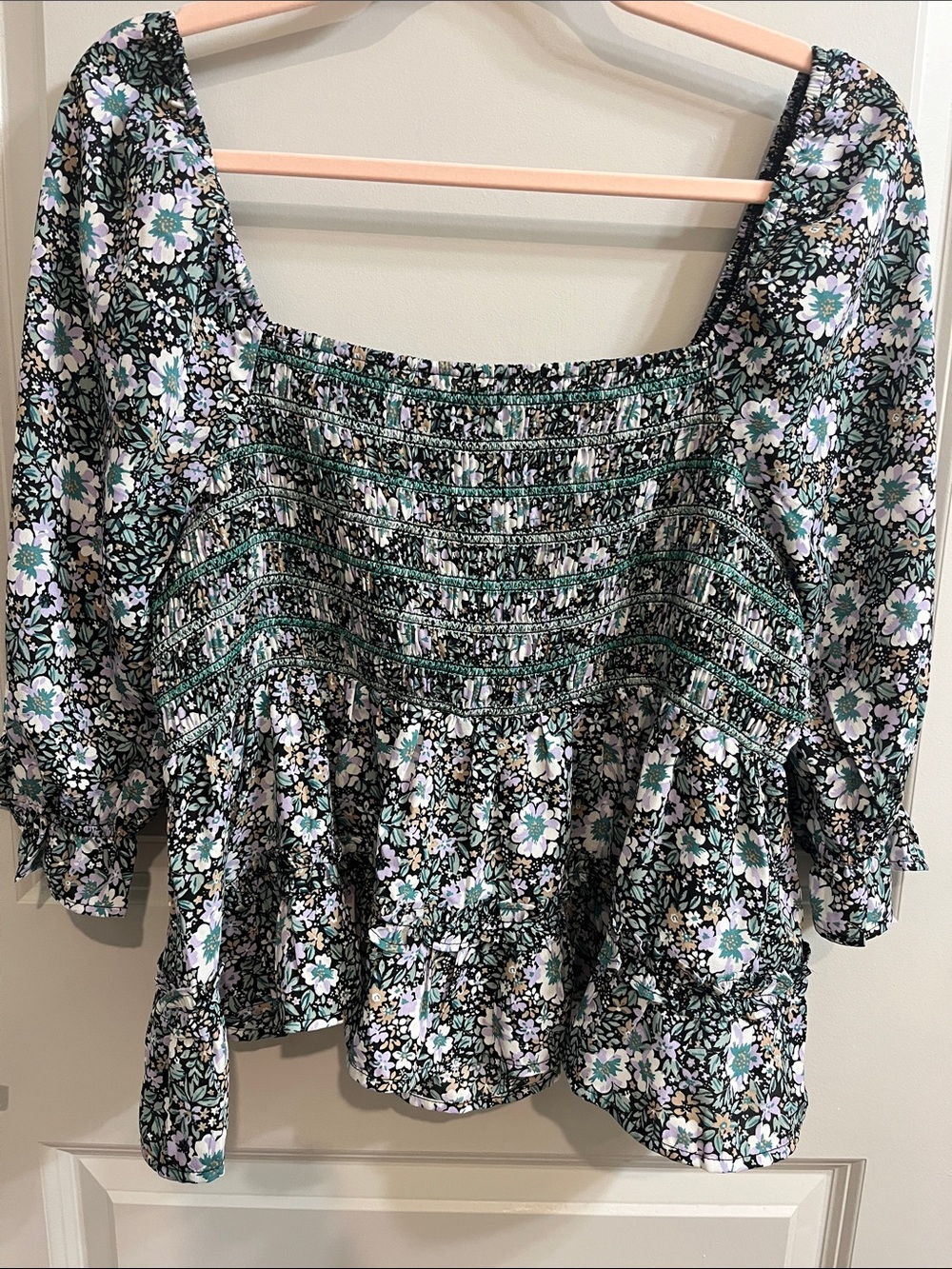 American Eagle Outfitters Black Floral Smocked Peasant Top